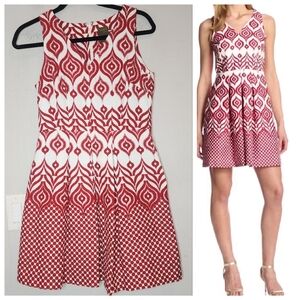 Taylor Red White Ikat Printed Cotton Textured Sleeveless Mini Dress pockets 6P